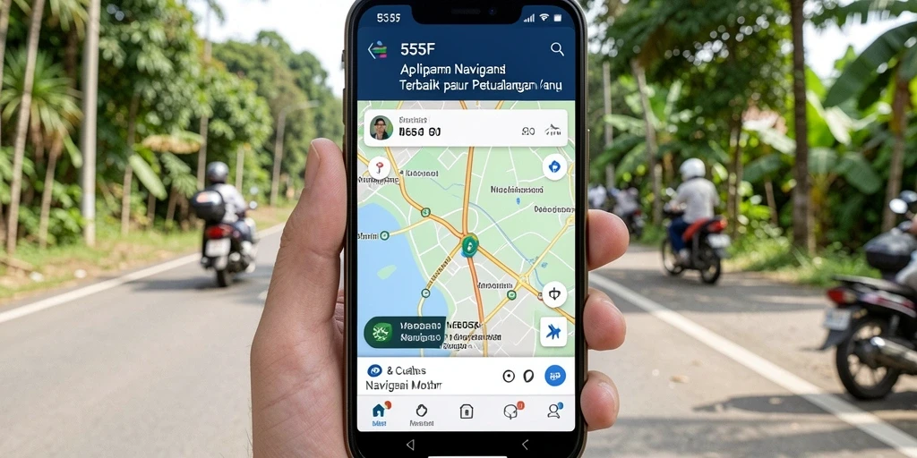 Antarmuka aplikasi 555F yang menampilkan rute navigasi motor.