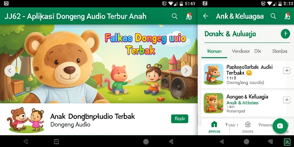 Tampilan interaktif JJ62 dengan pilihan dongeng audio yang menarik.